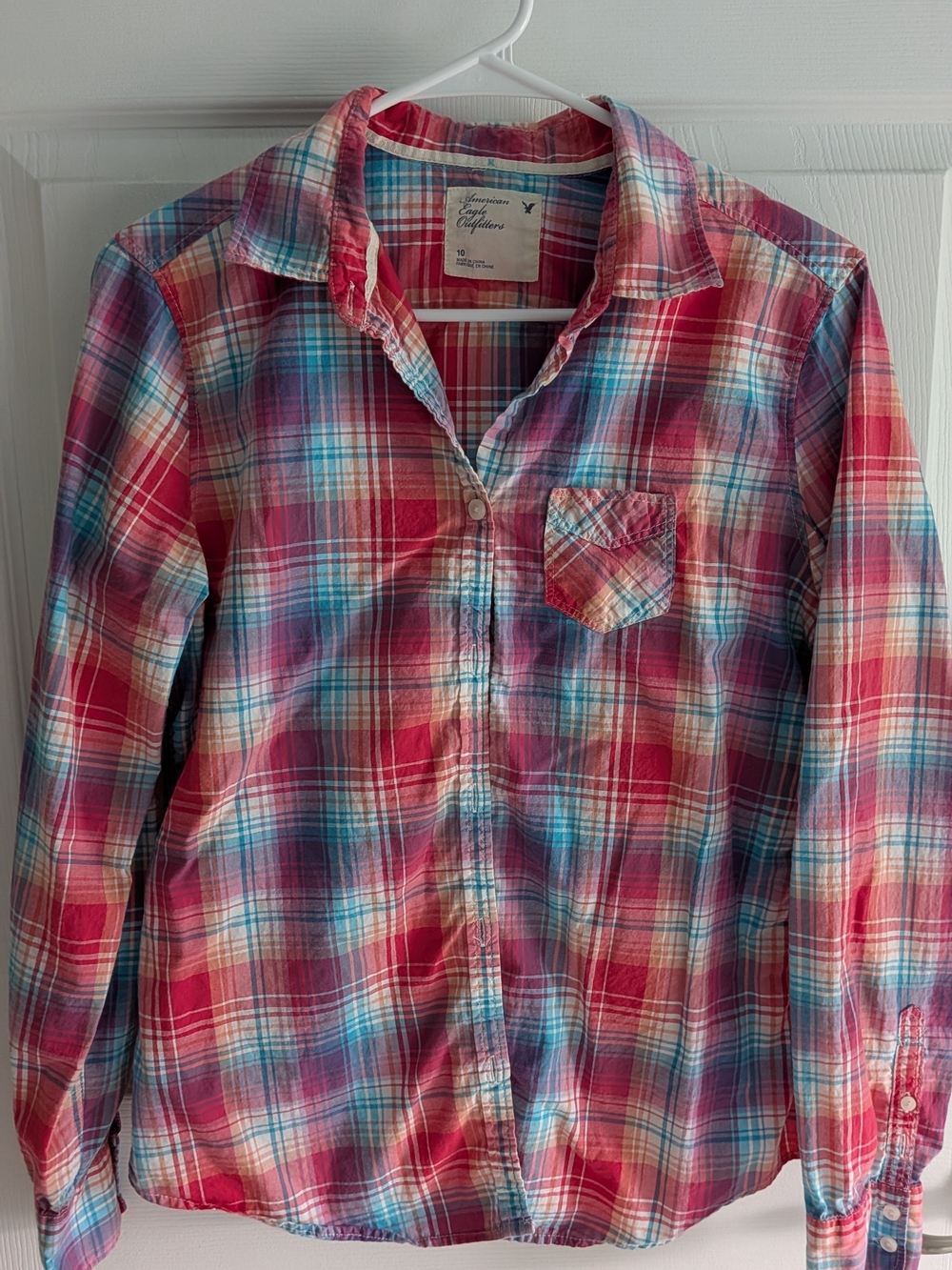 American Eagle Outfitters Pink and Blue Plaid Button-Down Shirt
